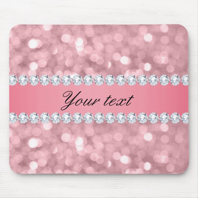 Pink Glitter Bokeh and Diamonds Personalised Mouse Pad (Front)