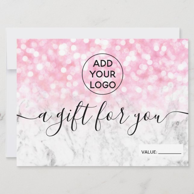 Pink glitter bokeh marble logo gift certificate (Front)