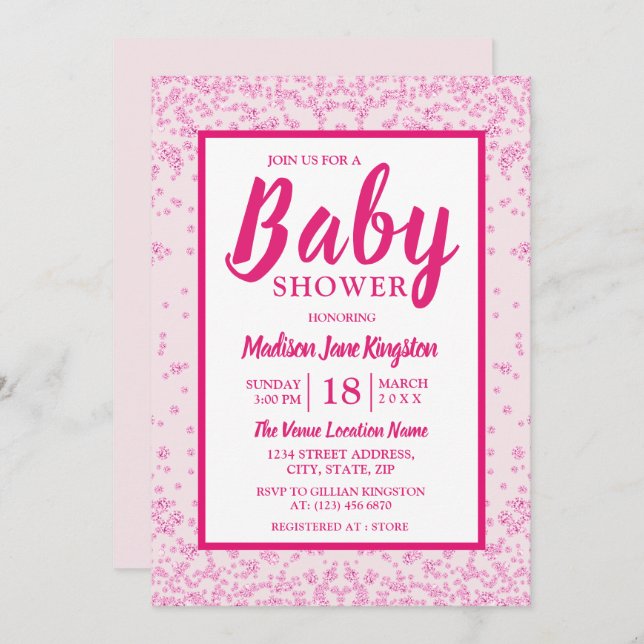 Pink Glitter Border Girly Baby Shower Invite (Front/Back)