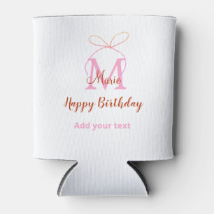 Pink glitter bow add name letter monogram birthday can cooler