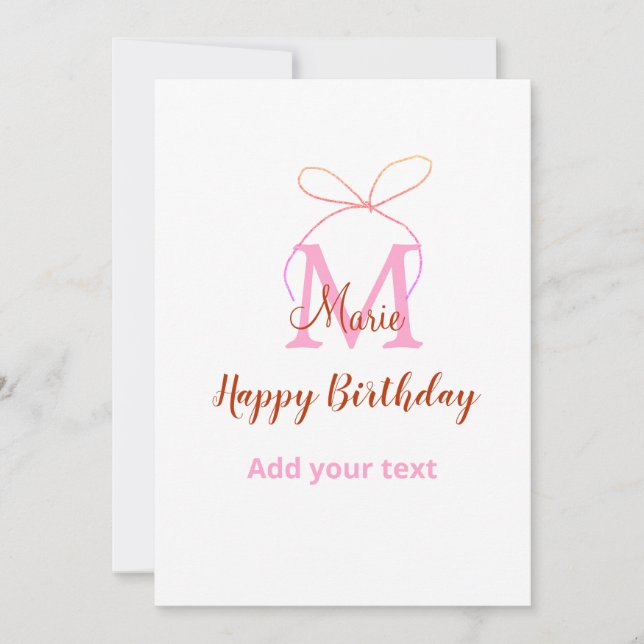 Pink glitter bow add name letter monogram birthday invitation (Front)