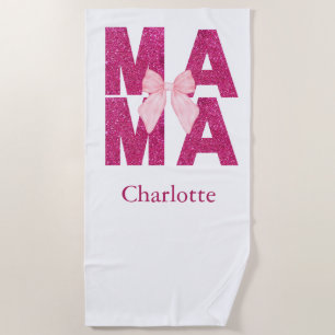 Pink Glitter Bow MAMA Coquette Aesthetic Mother's Beach Towel