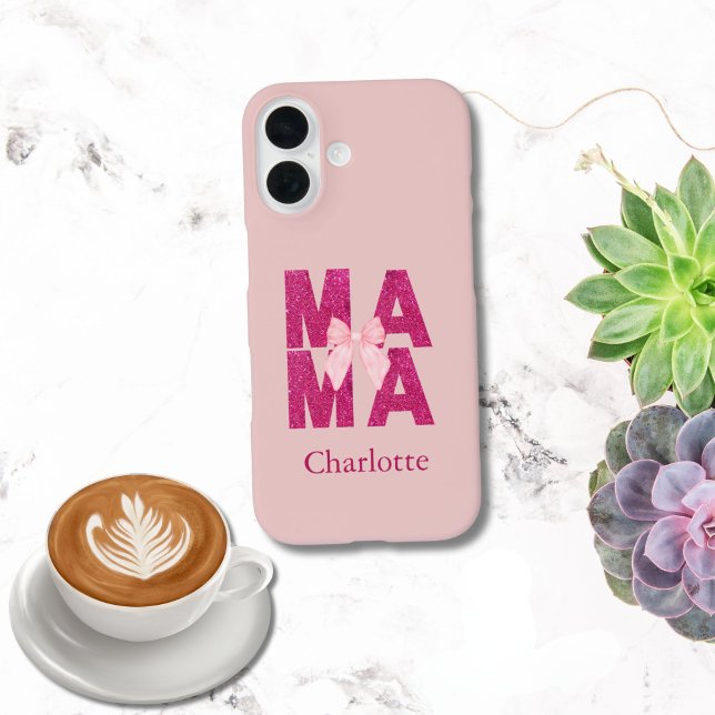 Pink Glitter Bow MAMA Coquette Aesthetic Mother's Case-Mate iPhone Case (mama pink glitter pink bow, coquette aesthetic monogram name iPhone case. 16, 15, 14, 13 12 11)