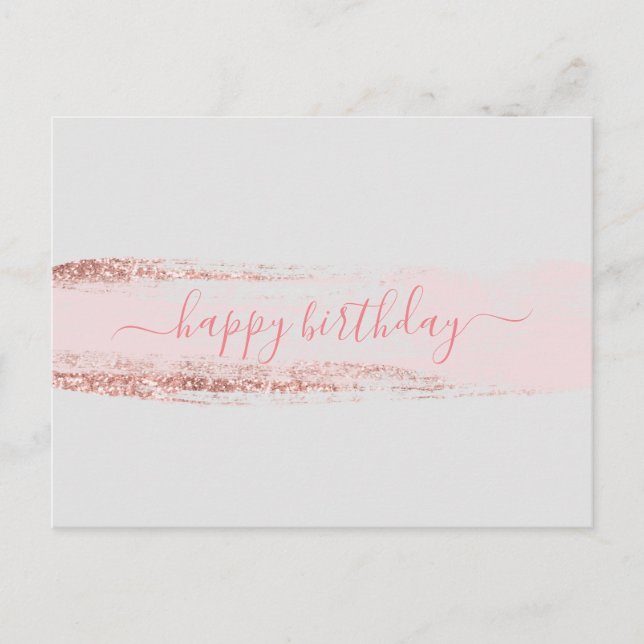 Pink Glitter Brushstroke Birthday Postcard (Front)