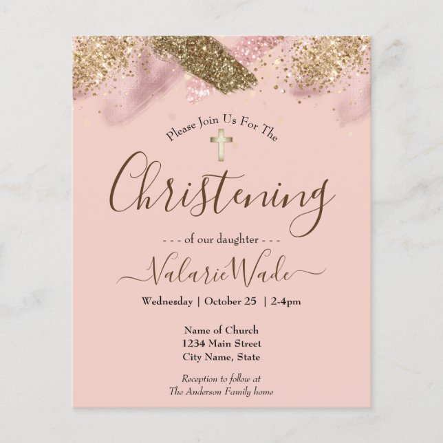 Pink Glitter Budget Christening Flyer (Front)