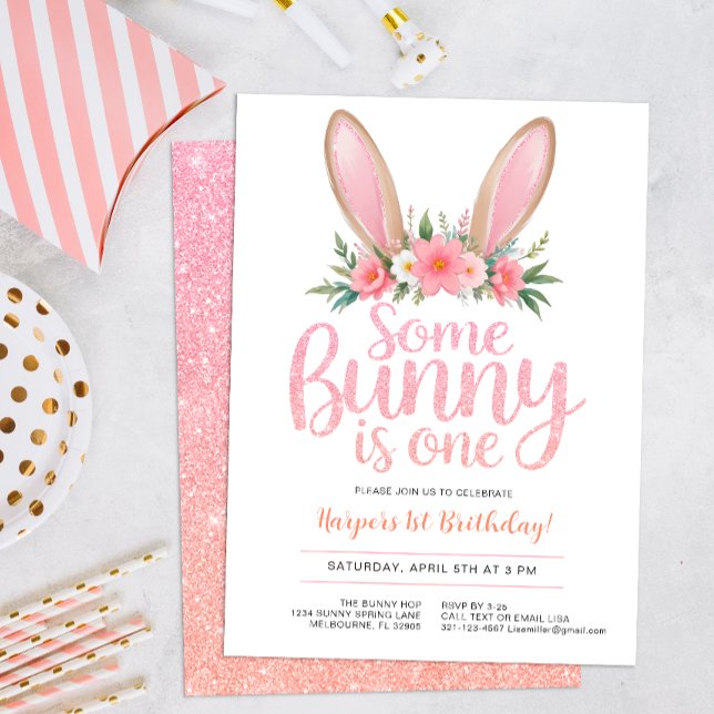 Pink Glitter Bunny Floral First Birthday Party Invitation (Some Bunny is one, birthday invite.)