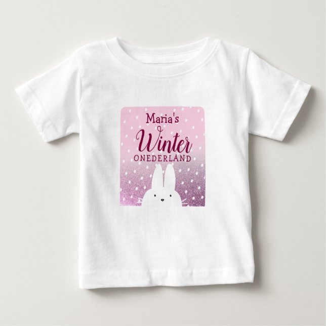Pink Glitter Bunny Winter Onederland Baby T-Shirt (Front)