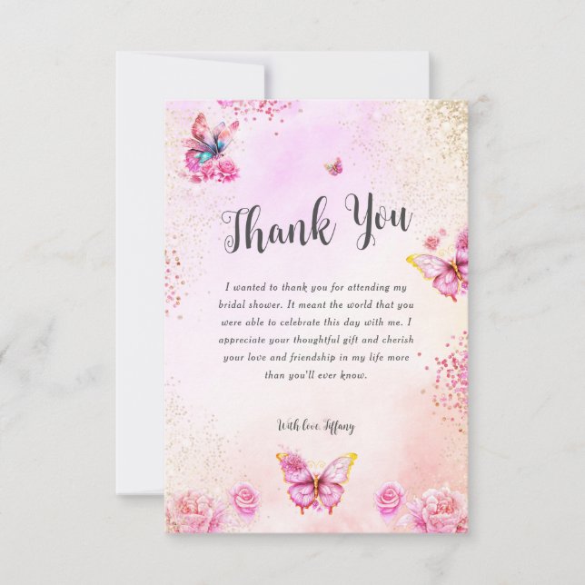 Pink Glitter Butterflies Bridal Shower Thank You Card (Front)