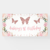Pink glitter Butterfly Birthday Backdrop Banner