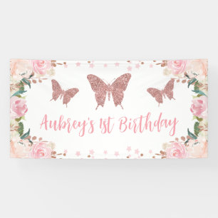 Pink glitter Butterfly Birthday Backdrop Banner