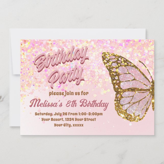 Pink glitter butterfly Birthday Invitation (Front)