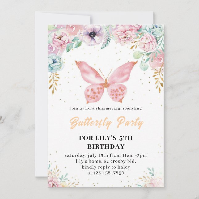 Pink glitter butterfly Birthday invitation 2025 (Front)