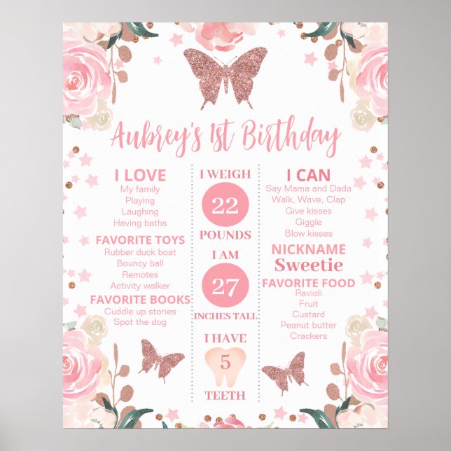 Pink Glitter Butterfly Birthday Milestone Poster (Front)