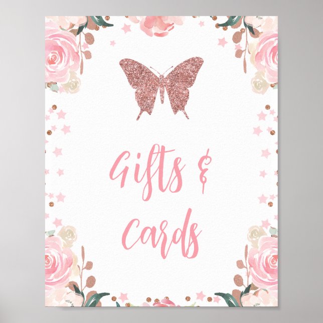 Pink Glitter Butterfly Cards and Gifts Sign (Front)