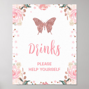 Pink Glitter Butterfly Drink Birthday Party Sign