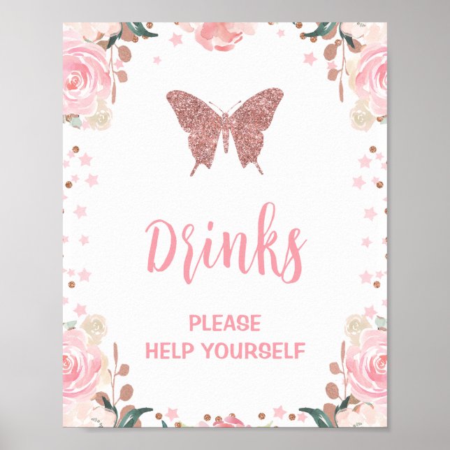 Pink Glitter Butterfly Drink Birthday Party Sign (Front)