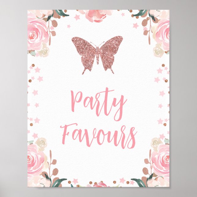 Pink Glitter Butterfly Party Favours Birthday Sign (Front)
