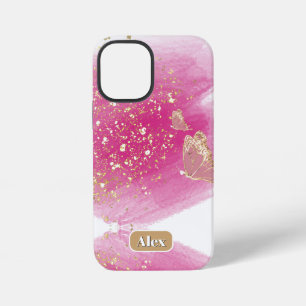Pink glitter, butterfly  & personalise name  iPhone 12 mini case