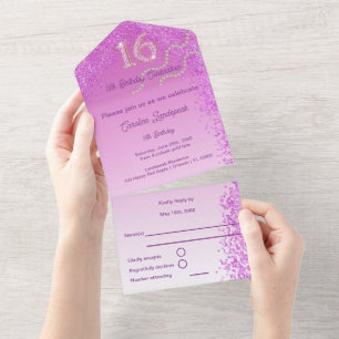 Pink Glitter Calligraphy Number Sweet 16 All In One Invitation