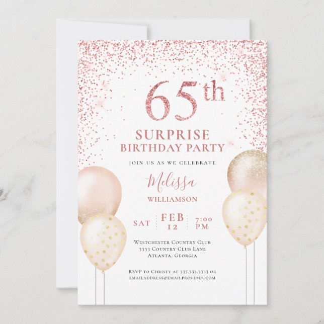 Pink Glitter Calligraphy Surprise 65th Birthday Invitation (Front)