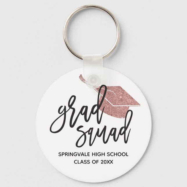 Pink Glitter Cap Grad Squad Graduation Keepsake Key Ring (Front)
