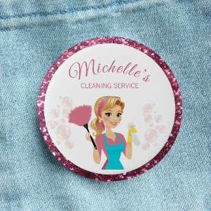 Pink Glitter Cartoon Maid House Cleaning Service 3 Cm Round Badge