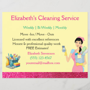 Pink Glitter Cartoon Maid House Cleaning Service Flyer