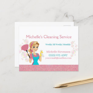 Pink Glitter Cartoon Maid House Cleaning Service Postcard