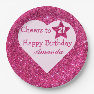 Pink glitter Cheers to 21 Heart Happy Birthday Paper Plate