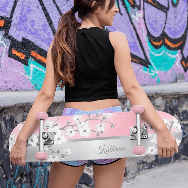 Pink Glitter Cherry Blossom Monogram Girly Skateboard (Creator Uploaded)