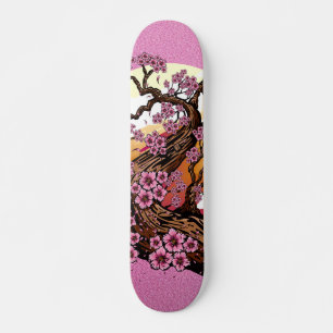 Pink Glitter Cherry Blossom Sunset Japanese Skateboard