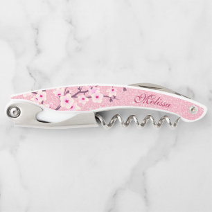 Pink Glitter Cherry Blossoms Monogram Girly Corkscrew