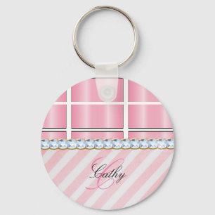 Pink Glitter Chevron Plaid Rhinestones Personalise Key Ring