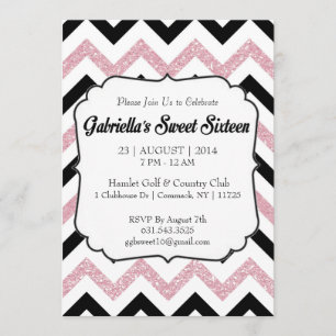 Pink Glitter Chevron Sweet 16 Invitation