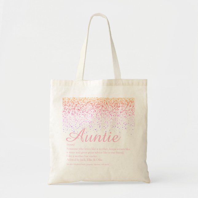 Pink Glitter Chic Script Auntie Aunt Definition Tote Bag (Front)
