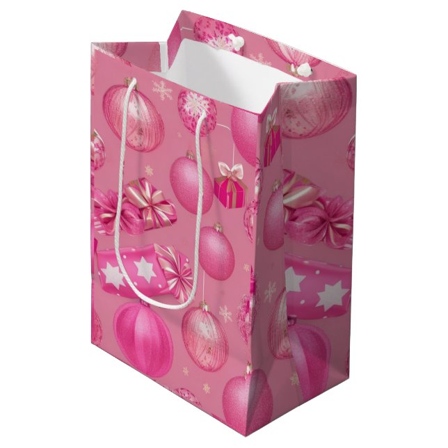 Pink Glitter Christmas Ball   Medium Gift Bag (Front Angled)