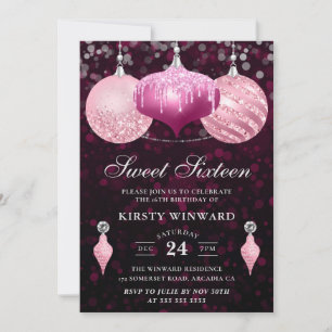 Pink Glitter Christmas Baubles Sweet Sixteen Invitation