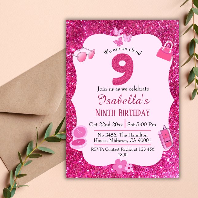 Pink glitter cloud 9  cute chic vibrant birthday invitation (Creator Uploaded)