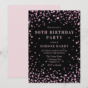 Pink Glitter Confetti 90th Birthday Party Invite
