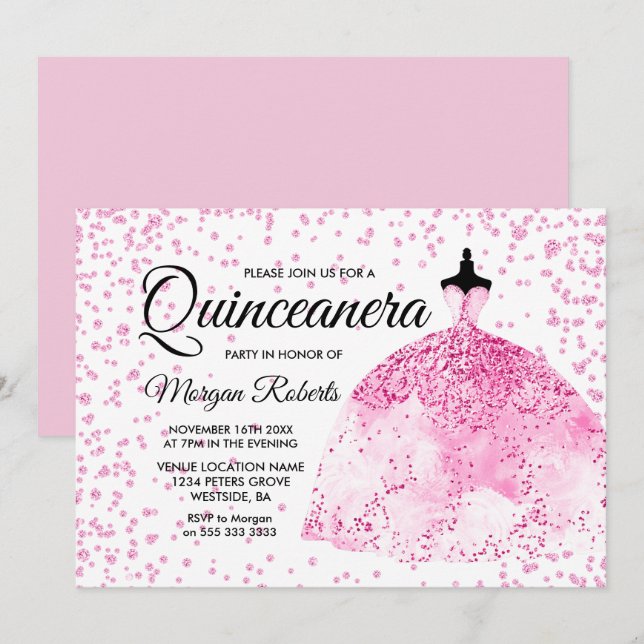 Pink Glitter Confetti Dress Quinceanera Invite (Front/Back)