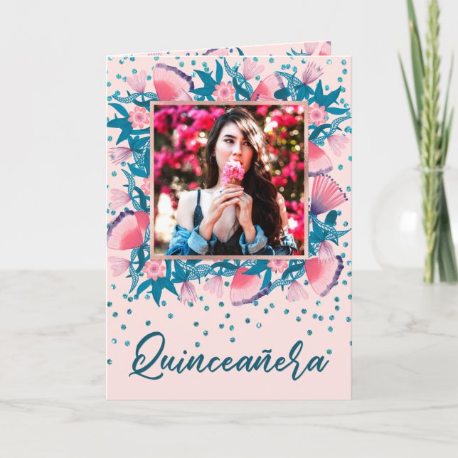 Pink Glitter Confetti Floral Español Quinceañera Invitation (Front)
