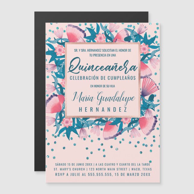 Pink Glitter Confetti Floral Español Quinceañera Magnetic Invitation (Front/Back)