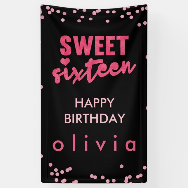 Pink Glitter Confetti Sweet Sixteen Banner (Vertical)