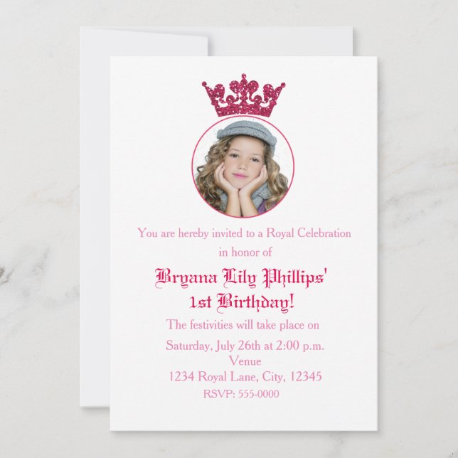 Pink Glitter Crown Royal Birthday Photo Invitation (Front)