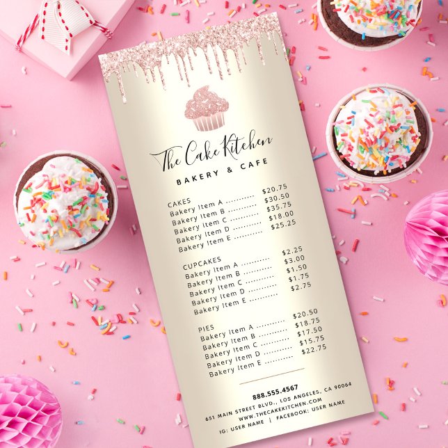 Pink Glitter Cupcake Gold Bakery Pastry Chef Menu (Creator Uploaded)