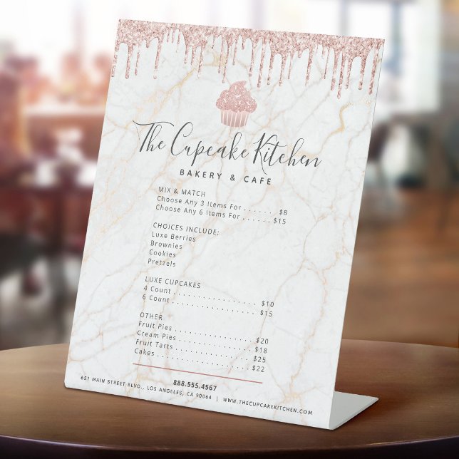 Pink Glitter Cupcake Marble Bakery Menu Price List Pedestal Sign (Creator Uploaded)
