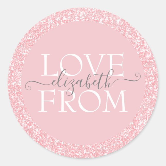 Pink Glitter Custom With Love Name Classic Round Sticker (Front)