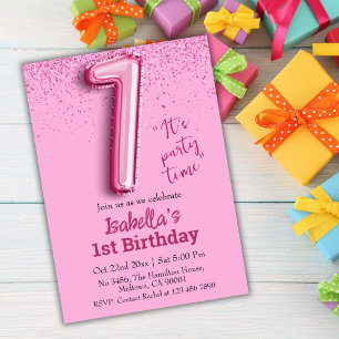 Pink glitter cute balloon no.1 girly 1st birthday invitation