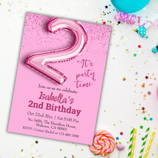 Pink glitter cute balloon no.2 girly 2nd birthday invitation (Creator Uploaded)