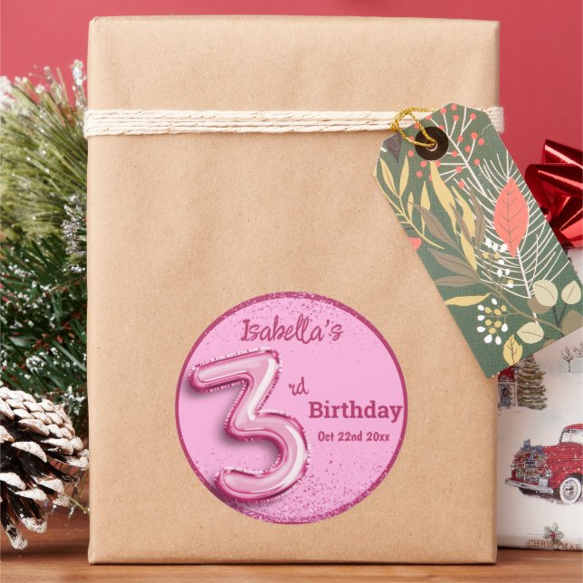 Pink glitter cute balloon no.3 girly 3rd birthday classic round sticker (Holiday)